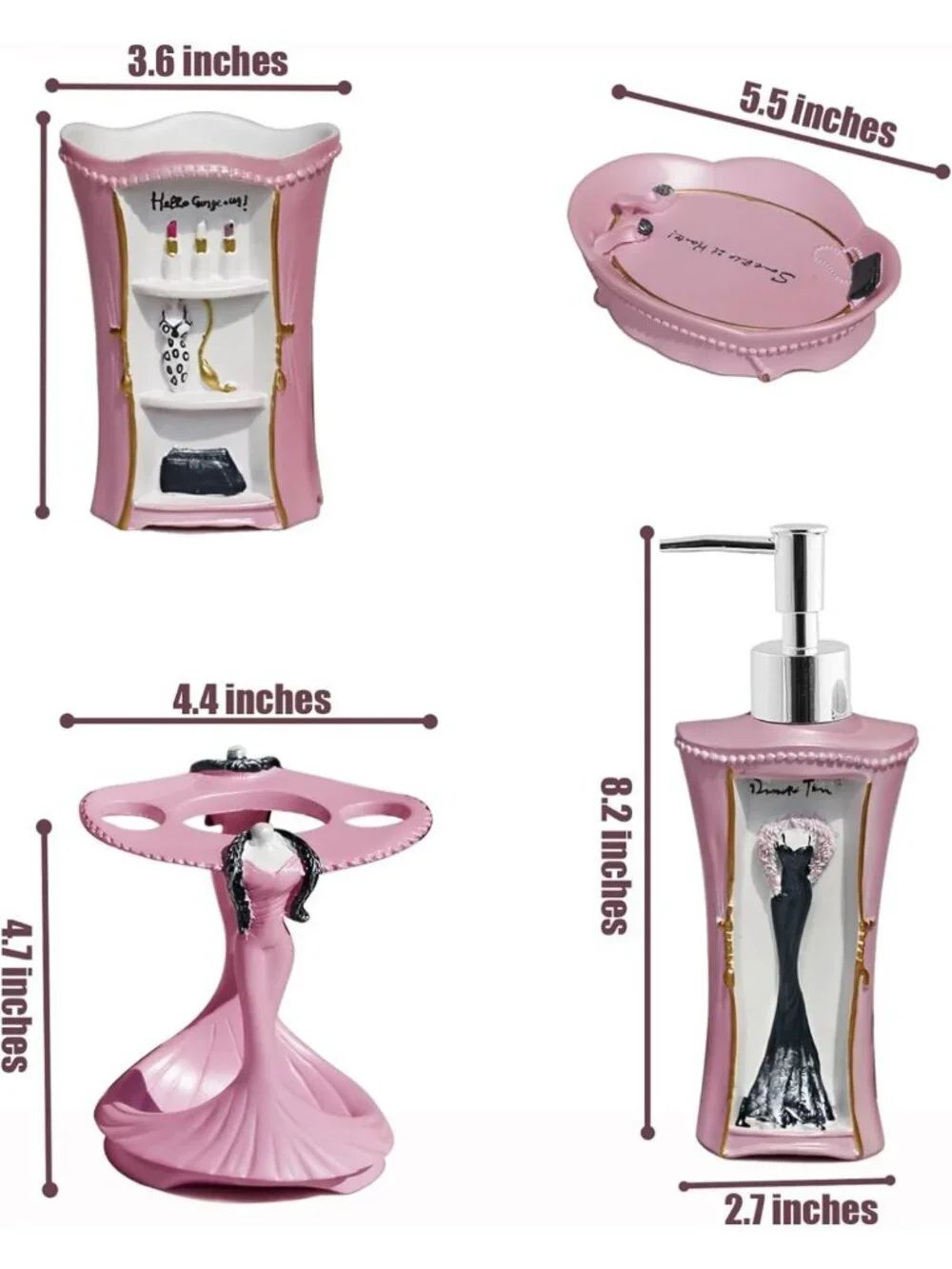 5-Piece Pink Bathroom Accessories Set - Soap Dispenser, Toothbrush Holder & More